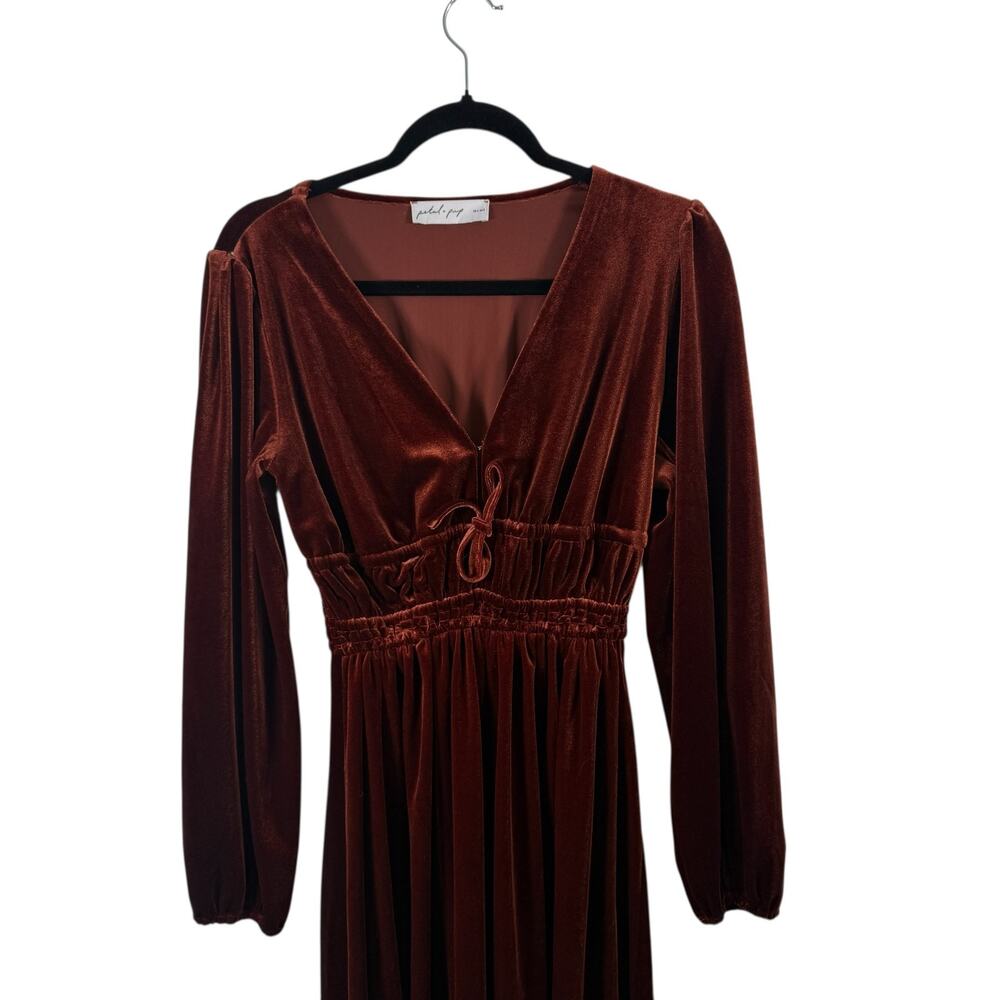 Petal + Pup Cece Rust Orange Velvet Long Sleeve Maxi Dress Boho Womens Small - Picture 3 of 8